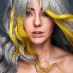 S. Burton, Safy B's, Aylesbury, fot. D. Greensmith - Luminescent S. Burton, Safy B's, Aylesbury, fot. D. Greensmith, SUZI, FRK.03, kontrast symultaniczny, żółty, szary, projektowanie fryzur